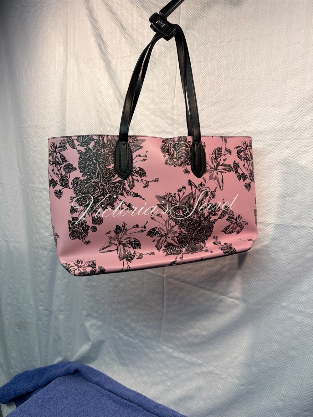 Victoria's Secret Floral Print Pink Black Tote Bag with Black Handles NWOT